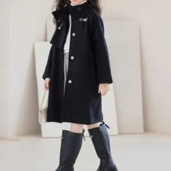 Kids Girls' Woolen Coat Long Sleeve Black Solid Color Button Fall Winter Fashion School 3-7 Years