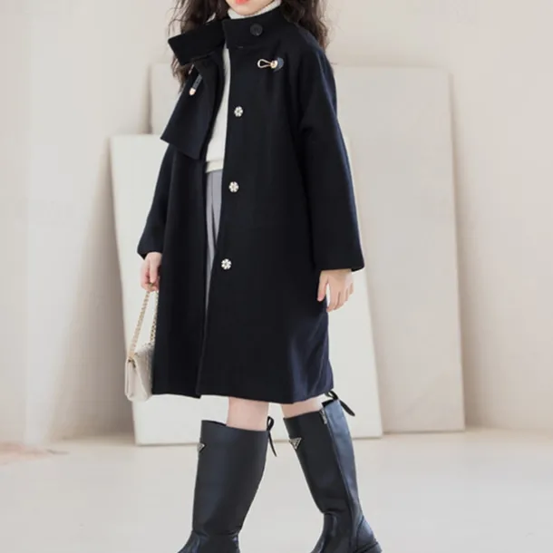 Kids Girls' Woolen Coat Long Sleeve Black Solid Color Button Fall Winter Fashion School 3-7 Years