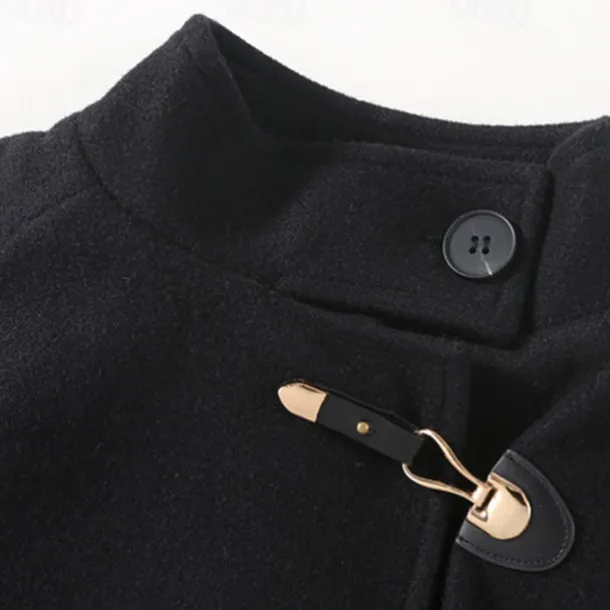 Kids Girls' Woolen Coat Long Sleeve Black Solid Color Button Fall Winter Fashion School 3-7 Years