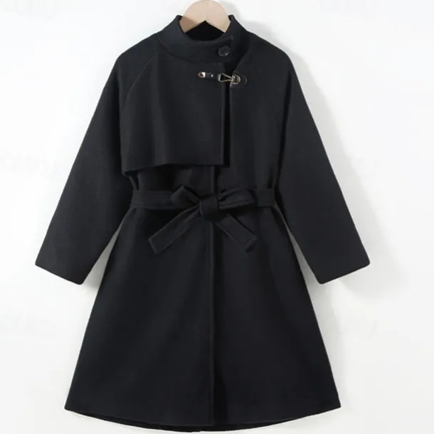 Kids Girls' Woolen Coat Long Sleeve Black Solid Color Button Fall Winter Fashion School 3-7 Years