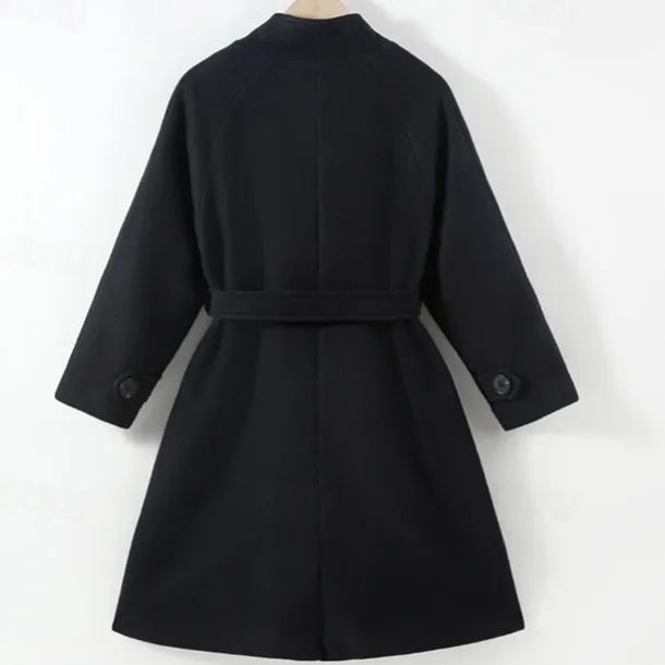Kids Girls' Woolen Coat Long Sleeve Black Solid Color Button Fall Winter Fashion School 3-7 Years