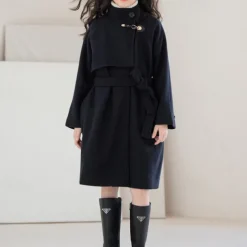 Kids Girls' Woolen Coat Long Sleeve Black Solid Color Button Fall Winter Fashion School 3-7 Years