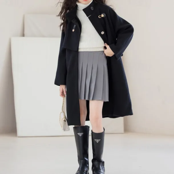 Kids Girls' Woolen Coat Long Sleeve Black Solid Color Button Fall Winter Fashion School 3-7 Years