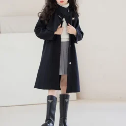 Kids Girls' Woolen Coat Long Sleeve Black Solid Color Button Fall Winter Fashion School 3-7 Years