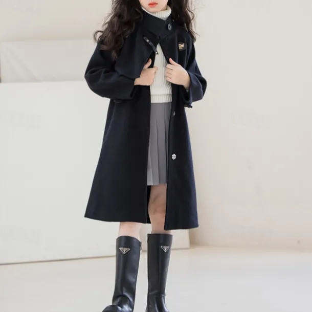 Kids Girls' Woolen Coat Long Sleeve Black Solid Color Button Fall Winter Fashion School 3-7 Years