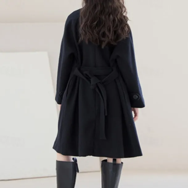 Kids Girls' Woolen Coat Long Sleeve Black Solid Color Button Fall Winter Fashion School 3-7 Years