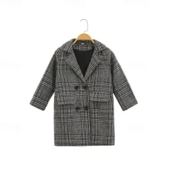 Kids Girls' Woolen Coat Long Sleeve Gray Plaid Button Fall Winter Fashion School 3-7 Years