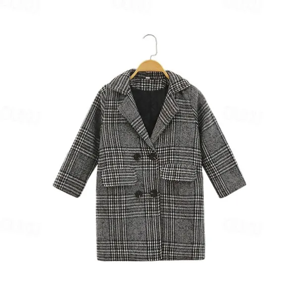 Kids Girls' Woolen Coat Long Sleeve Gray Plaid Button Fall Winter Fashion School 3-7 Years