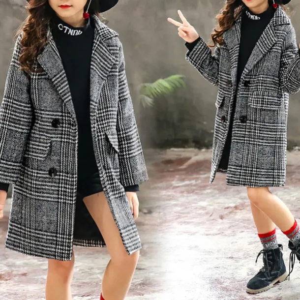 Kids Girls' Woolen Coat Long Sleeve Gray Plaid Button Fall Winter Fashion School 3-7 Years