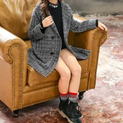 Kids Girls' Woolen Coat Long Sleeve Gray Plaid Button Fall Winter Fashion School 3-7 Years