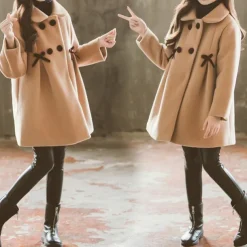 Kids Girls' Woolen Coat Long Sleeve Pink Khaki Solid Color Button Fall Winter Fashion School 3-7 Years