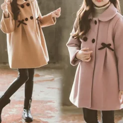 Kids Girls' Woolen Coat Long Sleeve Pink Khaki Solid Color Button Fall Winter Fashion School 3-7 Years