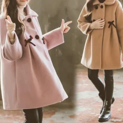 Kids Girls' Woolen Coat Long Sleeve Pink Khaki Solid Color Button Fall Winter Fashion School 3-7 Years