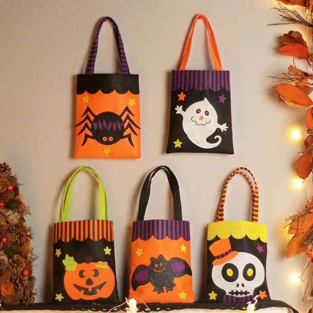 Kids' Halloween Treat Bag – Cute Felt Trick-or-Treat Tote with Pumpkin, Ghost, Spider, Bat or Skull Design for Candy Collection