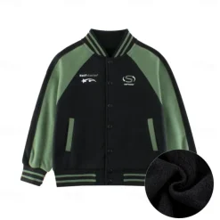 Kids Unisex Baseball Jackets Outerwear Star Long Sleeve Patchwork Coat School Cotton Fashion Cool Black Fall Winter 7-13 Years