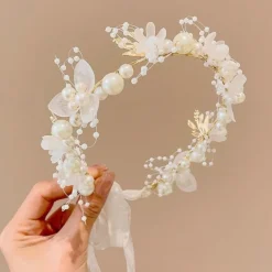 Kids Unisex Hair Accessories Floral 1# white bead flower ribbon headband 2#Purple Bead Flower Ribbon Headband