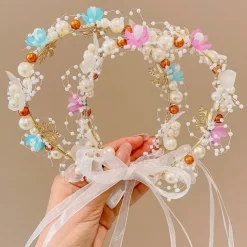 Kids Unisex Hair Accessories Floral 1# white bead flower ribbon headband 2#Purple Bead Flower Ribbon Headband