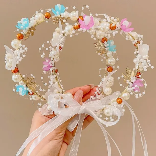 Kids Unisex Hair Accessories Floral 1# white bead flower ribbon headband 2#Purple Bead Flower Ribbon Headband