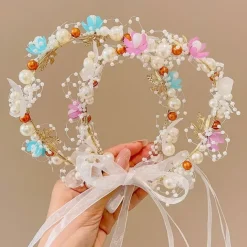 Kids Unisex Hair Accessories Floral 1# white bead flower ribbon headband 2#Purple Bead Flower Ribbon Headband