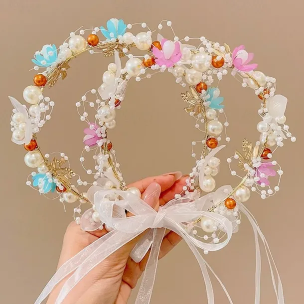 Kids Unisex Hair Accessories Floral 1# white bead flower ribbon headband 2#Purple Bead Flower Ribbon Headband