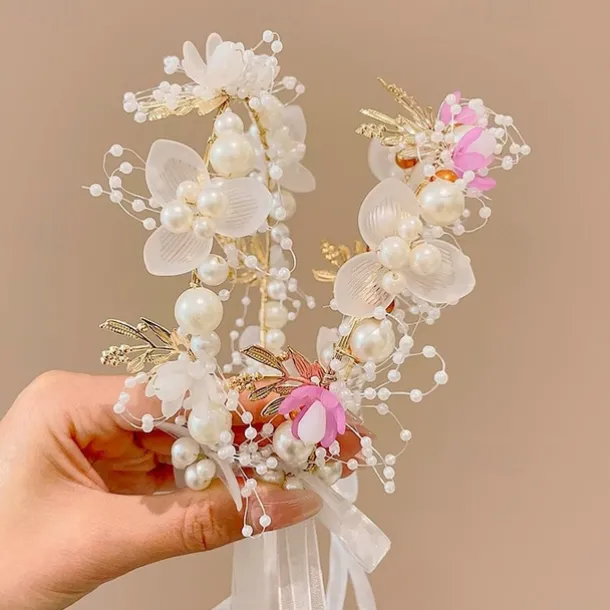 Kids Unisex Hair Accessories Floral 1# white bead flower ribbon headband 2#Purple Bead Flower Ribbon Headband