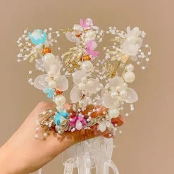 Kids Unisex Hair Accessories Floral 1# white bead flower ribbon headband 2#Purple Bead Flower Ribbon Headband