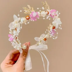 Kids Unisex Hair Accessories Floral 1# white bead flower ribbon headband 2#Purple Bead Flower Ribbon Headband