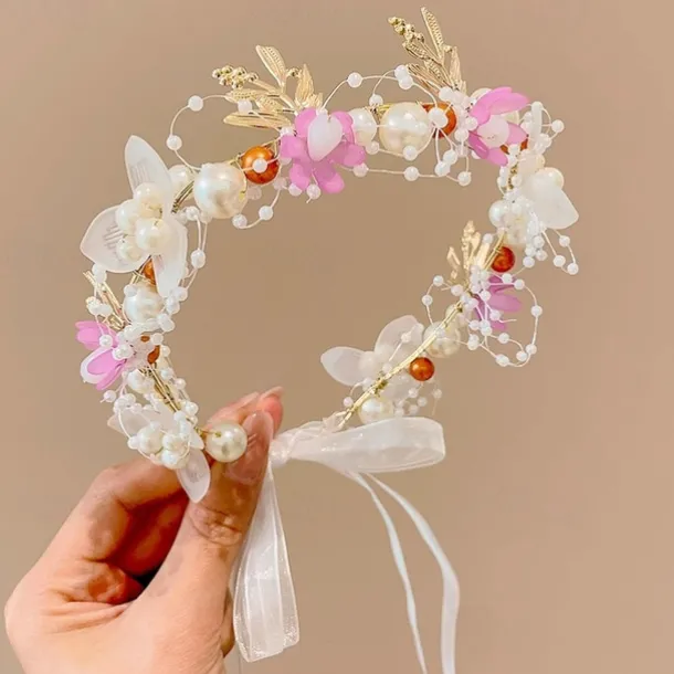 Kids Unisex Hair Accessories Floral 1# white bead flower ribbon headband 2#Purple Bead Flower Ribbon Headband