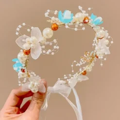 Kids Unisex Hair Accessories Floral 1# white bead flower ribbon headband 2#Purple Bead Flower Ribbon Headband