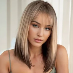 Kim Kardashian Inspired Wigs Synthetic Wig Straight With Bangs Wig Short Brown Synthetic Hair Women's Fashionable Design Soft Natural Brown