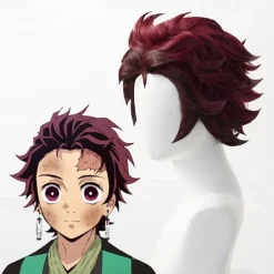 Kimetsu No Yaiba Tanjiro Kamado Short Chestnut Brown Heat Resistant Hair Cosplay Wig A Pair of Ear-Rings Halloween Wigs