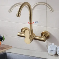Kitchen faucet - Single Handle Two Holes Brushed Gold Tall /High Arc Wall Mounted Contemporary Kitchen Taps