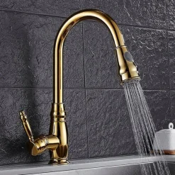 Kitchen Faucet Contemporary Retro Style Ti-PVD Pull-out/­Pull-down Vessel/Brass/Single Handle One Hole