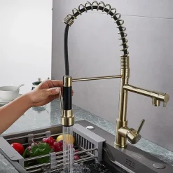 Kitchen Faucet Pull Out Sink Mixer Taps Dual Spout, High Arc Spring Vessel Brass Taps, Single Handle 360 Swivel Sprayer with Hot and Cold Water Hose