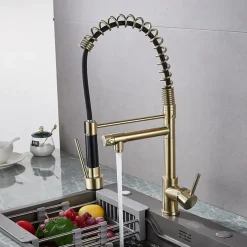 Kitchen Faucet Pull Out Sink Mixer Taps Dual Spout, High Arc Spring Vessel Brass Taps, Single Handle 360 Swivel Sprayer with Hot and Cold Water Hose