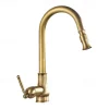 Kitchen Faucet Pull Out Sink Mixer Taps, 360 Degree 2 Mode Sprayer, Vintage Brass Vessel Tap with Cold and Hot Hose