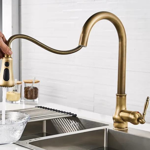 Kitchen Faucet Pull Out Sink Mixer Taps, 360 Degree 2 Mode Sprayer, Vintage Brass Vessel Tap with Cold and Hot Hose