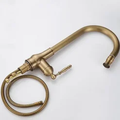 Kitchen Faucet Pull Out Sink Mixer Taps, 360 Degree 2 Mode Sprayer, Vintage Brass Vessel Tap with Cold and Hot Hose