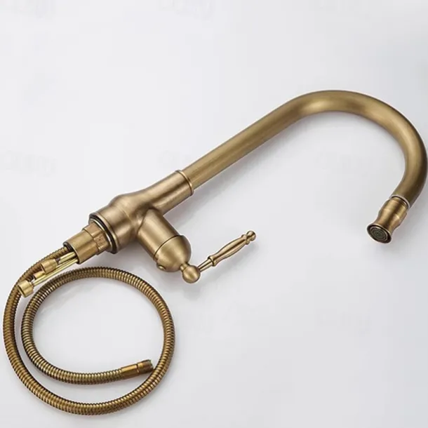 Kitchen Faucet Pull Out Sink Mixer Taps, 360 Degree 2 Mode Sprayer, Vintage Brass Vessel Tap with Cold and Hot Hose