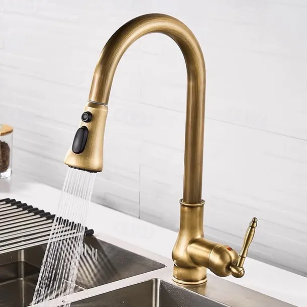 Kitchen Faucet Pull Out Sink Mixer Taps, 360 Degree 2 Mode Sprayer, Vintage Brass Vessel Tap with Cold and Hot Hose