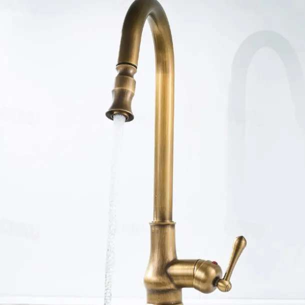 Kitchen Faucet Pull Out Sink Mixer Taps, 360 Degree 2 Mode Sprayer, Vintage Brass Vessel Tap with Cold and Hot Hose