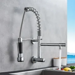 Kitchen Faucet Sink Pull Out Only Cold Water, 360 Swivel Spout Wall Mounted Brass Pull Down Kitchen Vessel Taps Chrome