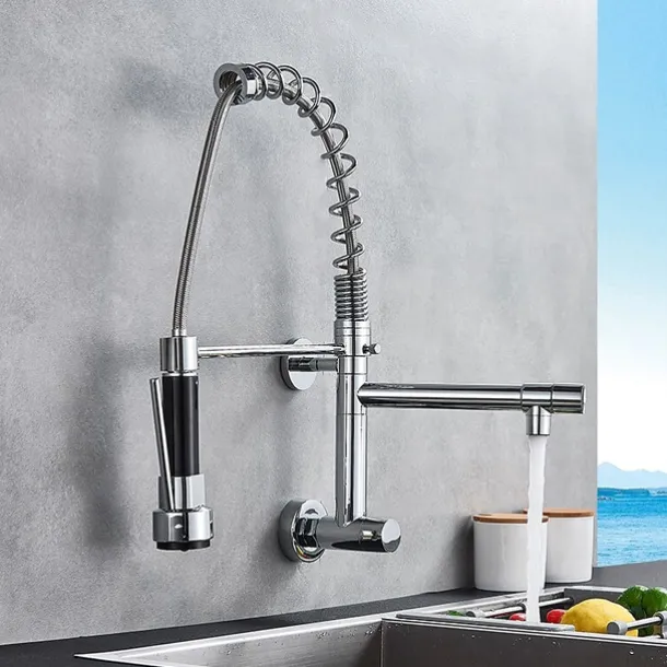 Kitchen Faucet Sink Pull Out Only Cold Water, 360 Swivel Spout Wall Mounted Brass Pull Down Kitchen Vessel Taps Chrome