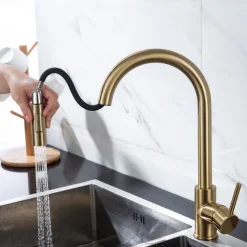 Kitchen Faucet with Pull-out Spray,Single Handle One Hole 2-modes Brass Kitchen Taps