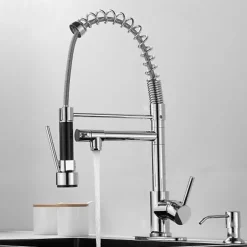 Kitchen Faucet with Pullout Spray and Soap Dispenser Sets Single Handle Two Holes Pull Out/Rotatable/Multifunction Standard Spout, Brass Tall-High Arc Deck Mounted Kitchen Faucet
