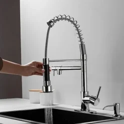 Kitchen Faucet with Pullout Spray and Soap Dispenser Sets Single Handle Two Holes Pull Out/Rotatable/Multifunction Standard Spout, Brass Tall-High Arc Deck Mounted Kitchen Faucet