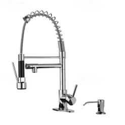 Kitchen Faucet with Pullout Spray and Soap Dispenser Sets Single Handle Two Holes Pull Out/Rotatable/Multifunction Standard Spout, Brass Tall-High Arc Deck Mounted Kitchen Faucet