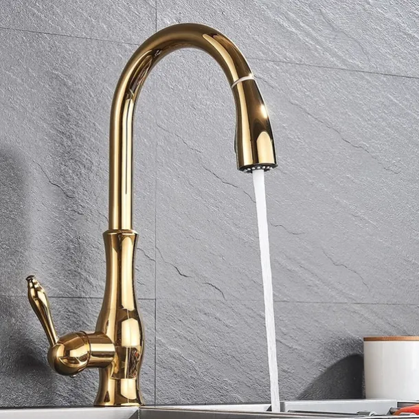Kitchen Faucet with Pull-out Spray,Brass 2-modes Single Handle One Hole Modern Style Kitchen Taps with Hot and Cold Switch