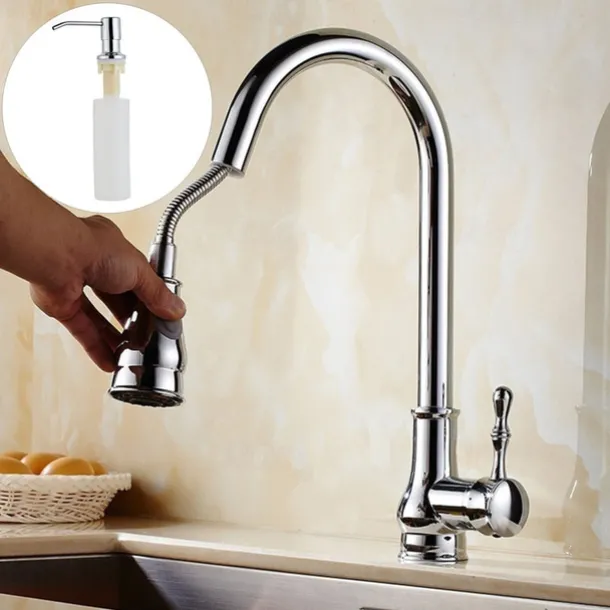 Kitchen Faucet with Sprayer,Brass 2-Function Outlet Single Handle One Hole Electroplated Pull-out Kitchen Taps