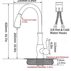 Kitchen Faucet with Sprayer Vessel Installation Nickel Brushed/Electroplated One Hole Widespread Pull Out/High Arc, Brass Kitchen Faucet Contain with Cold and Hot Water